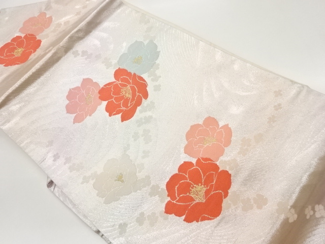 流水に牡丹・小花模様織出し名古屋帯